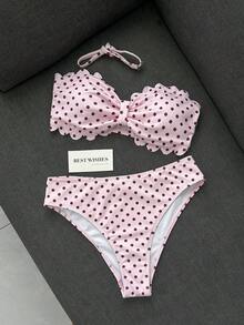 Swim Mod 女款泳衣，切割邊緣，花瓣邊緣平口式，甜美可愛，碎花印花，紋理羅紋面料 - 彩色 - 查看 2