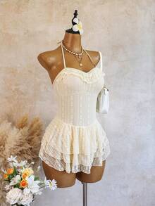SHEIN Swim Beach Wear Sexy Cute Sequin Elegant Influencer Ruffle Neckline Lace Fabric Three-Layer Hem One-Piece Vacation Swim Dress White Summer - Beige - View 6