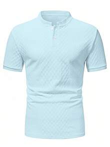 Manfinity CasualCool 男士夏季休閒素色標準版型短袖半鈕扣 Polo 衫 - 藍色 - 查看 4