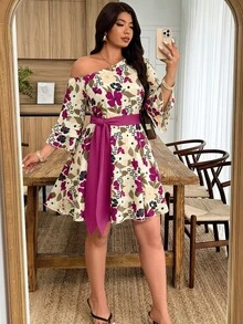 Weeklong Vestido mini bohemio de vacaciones con estampado floral naranja, hombro asimétrico, manga corta con volantes, talla grande - Multicolor - Ver 5