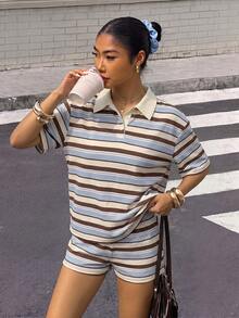 Muchica 女款休閒短袖 Polo 衫與短褲兩件套，美式復古條紋套裝，夏季服飾，適合日常通勤、約會、派對、秋冬春夏、聖誕節、新年、感恩節、婚禮、海灘、畢業季，時尚優雅休閒，適合外出約會與通勤 - 彩色 - 查看 5