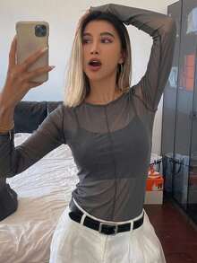 FRIFUL Women's Gray Round Neck Sheer Form-Fitting Layering Top Long Sleeve Women Tops - Dark Grey - View 7