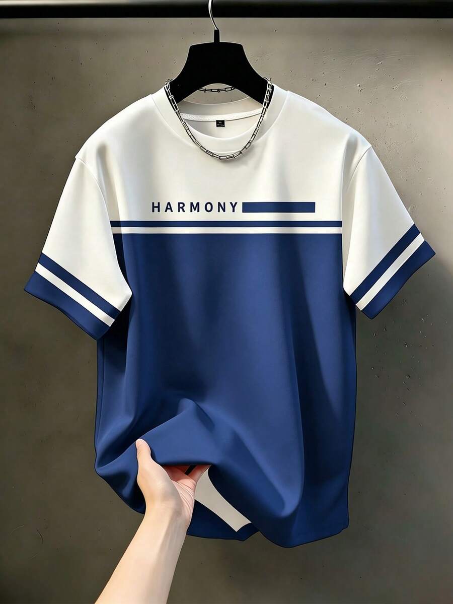 Manfinity Homme 大尺碼男款字母印花拼色休閒百搭日常出遊短袖T恤 - 彩色 - 查看 1
