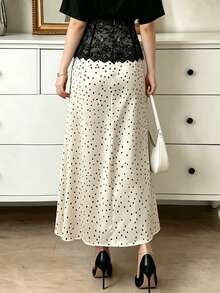 Modelyn Vintage Elegant Polka Dot Satin Skirt With Lace Waist Design, Soft Elegant Commuter Style - Apricot - View 3