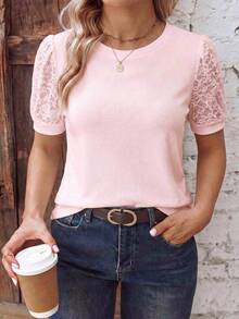 EMERY ROSE Women's Spring/Summer New Hot-Selling Lace Patchwork Design Casual Versatile Plus Size T-Shirt - Pink - View 5