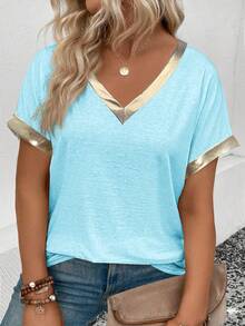 EMERY ROSE Women's Spring/Summer New Casual Elegant V-Neck Short Sleeve Patchwork Coated Trim Design Plus Size T-Shirt Formal Bussines Light Blue - Baby Blue - View 1