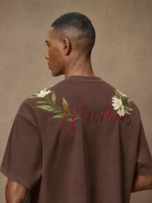 AKNOTIC Business Casual 男士白色針織花卉刺繡時尚休閒寬鬆短袖彈性T恤，適合夏季、度假、日常穿著、派對、情侶穿搭、男士禮物 - 咖啡棕 - 查看 4
