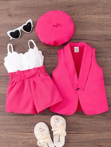 Emery Rose Kids Emery Rose Kids 2 件套女婴纯色针织夹克和针织连体衣（带帽子） - 玫紅色 - 查看 1