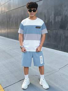 Tween Boy Casual Minimalist Short Sleeve Crew Neck T-Shirt And Shorts Set, Suitable For Summer, Classic Cool Square Split Pattern Print, Cool Exquisite Small Logo Text Pattern Print - White - View 5