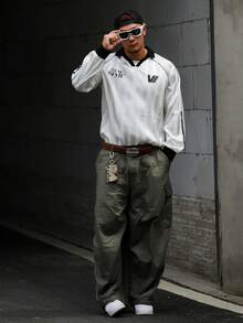 DAZY 男士長袖條紋字母印花拼接領運動風T恤 夏季款 - 彩色 - 查看 5