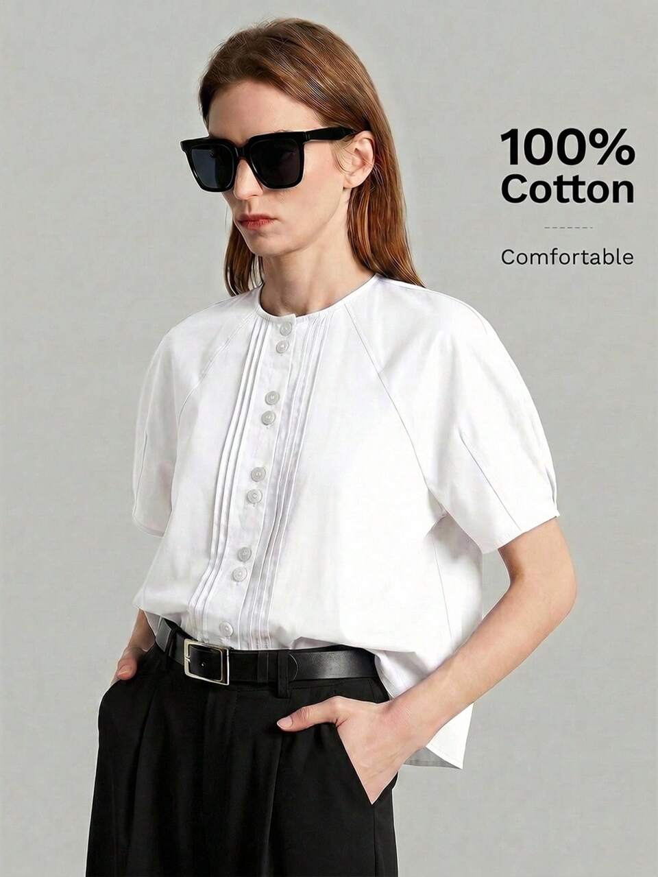 Women's Comfortable, Skin-Friendly High-End Crepe De Chine Fabric Boat Neck Raglan Sleeve Puff Sleeve Shirt With Front Stripe Design, Front Opening, Suitable For Modern Resort, Beach, Bohemian, Country Music Festival, Western Style, Urban Business Casual, Office Wear, Urban Commute, High-Quality Airport Casual, Low-Key Old Money High-End Feel, Cruise Wear, Minimalist Luxurious Texture Essential Outfit, Versatile Seasonal Fashion Resort Series Women Blouse