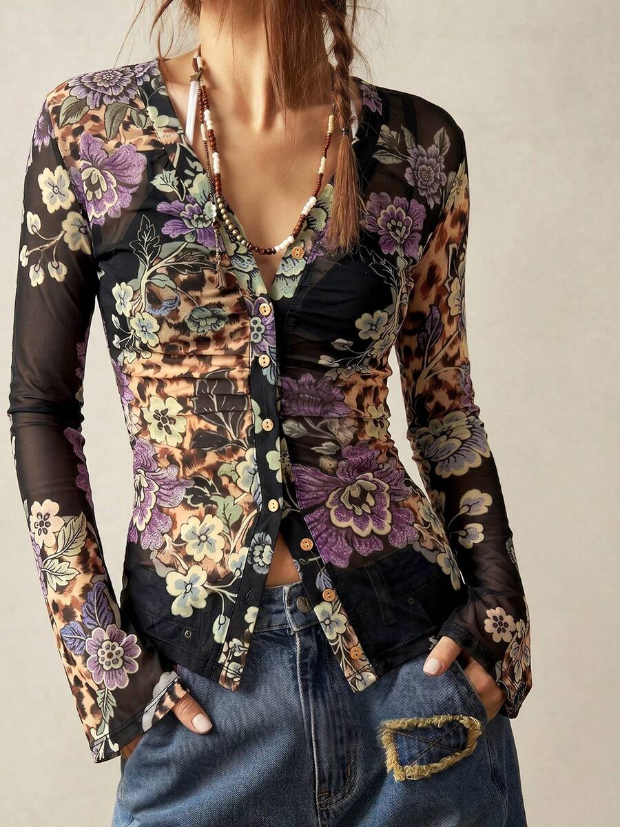 Bohemela Plus Size Women's Elegant Vintage Leopard & Floral Print Front Button Sheer Blouse Fall - Multicolor - View 1