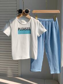 SHEIN 2件組小男孩幼兒可愛休閒華夫格布料短袖長褲居家服套裝，適合日常穿著與外出，適用春夏 - 彩色 - 查看 3