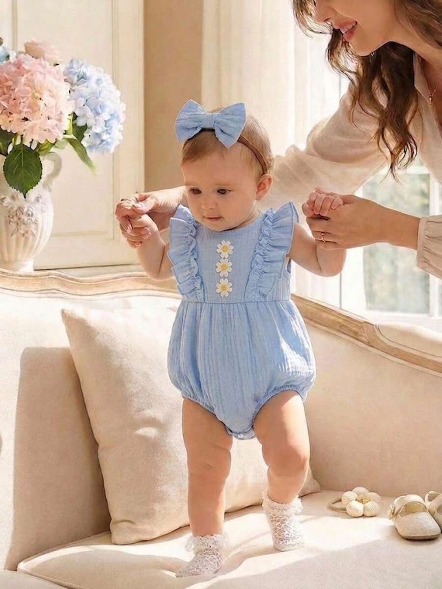 SHEIN 2件套新生女婴优雅甜美纯色无袖连体衣和蝴蝶结发带，适合春夏外出和日常穿着 - 藍色 - 查看 1