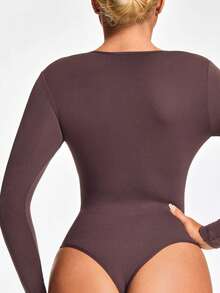 SHAPORA Bộ đồ liền thân co giãn màu trơn cổ tròn tay dài cho nữ - màu nâu - Xem 3
