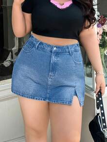 SHEIN ICON 大尺碼女款休閒牛仔裙褲 - 淺色水洗藍 - 查看 4