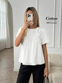 SHEIN LUNE 大尺碼夏季休閒素色短袖襯衫 - 白色 - 查看 9