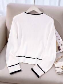 GlowEve CURVE Plus Size Women's French Contrast Trim Elegant Business Casual Slimming Long Sleeve Knit Cardigan Office Confirmation Formal Black And White Autumn - Black and White - View 2