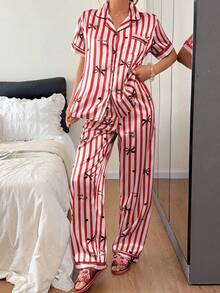 Softscene Faux Silk Bow Heart Letter Print Lapel Short Sleeve Long Pants Pajama Set - Red - View 5