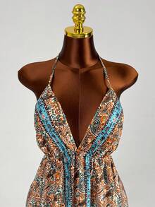 Franclia Plus Size Vacation Ruffle Edge Print Backless Lace-Up Dress - Multicolor - View 5