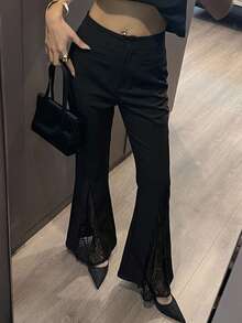 DAZY Women's Elegant Solid Color Lace Patchwork Flared Pants Women Dress Pants - Black - View 11