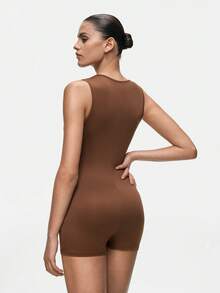 SHAPORA Women's Minimalist Solid Color Fitted Romper - Coffee Brown - View 2