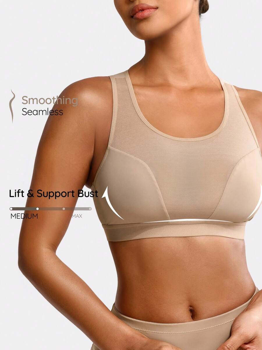 SHAPORA Top moldeador de malla transparente con contraste para mujer - Caqui - Ver 1