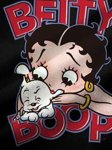 Betty Boop x SHEIN 大尺碼女款黑紅配色拼接卡通圖案字母印花百搭T恤 - 白色 - 查看 8