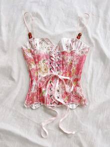Soleia 女款夏季海灘度假風紮染水溶蕾絲貼身珠飾細肩帶背心上衣 - 彩色 - 查看 2