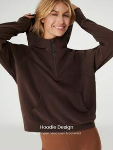 GLOWMODE Sudadera de manga larga con media cremallera y tacto de seda modal, talla grande, para primavera y verano - Marrón Chocolate - Ver 4