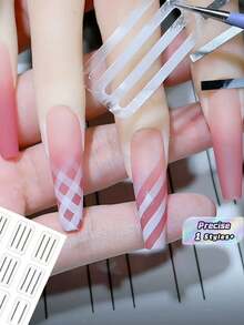 4pcs Nail Art Hollow Sticker Set, Includes Nail Template Lines, Grid, French Tip Patterns, Helps Simplify Nail Salon Work. White Self-Adhesive Nail Strips, DIY Decoration Templates, Tassel Stickers. - Multicolor - View 1