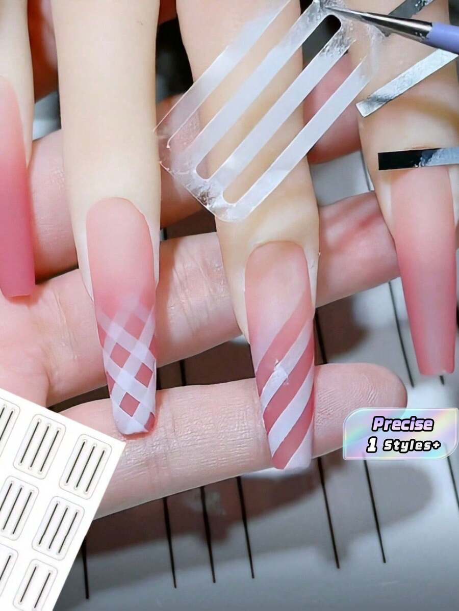 4pcs Nail Art Hollow Sticker Set, Includes Nail Template Lines, Grid, French Tip Patterns, Helps Simplify Nail Salon Work. White Self-Adhesive Nail Strips, DIY Decoration Templates, Tassel Stickers. - Multicolor - View 1