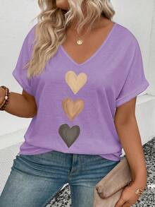 EMERY ROSE Women's Spring/Summer V-Neck Folded Cuff, Gradient Heart Print Pattern Casual Versatile T-Shirt - Lilac Purple - View 3