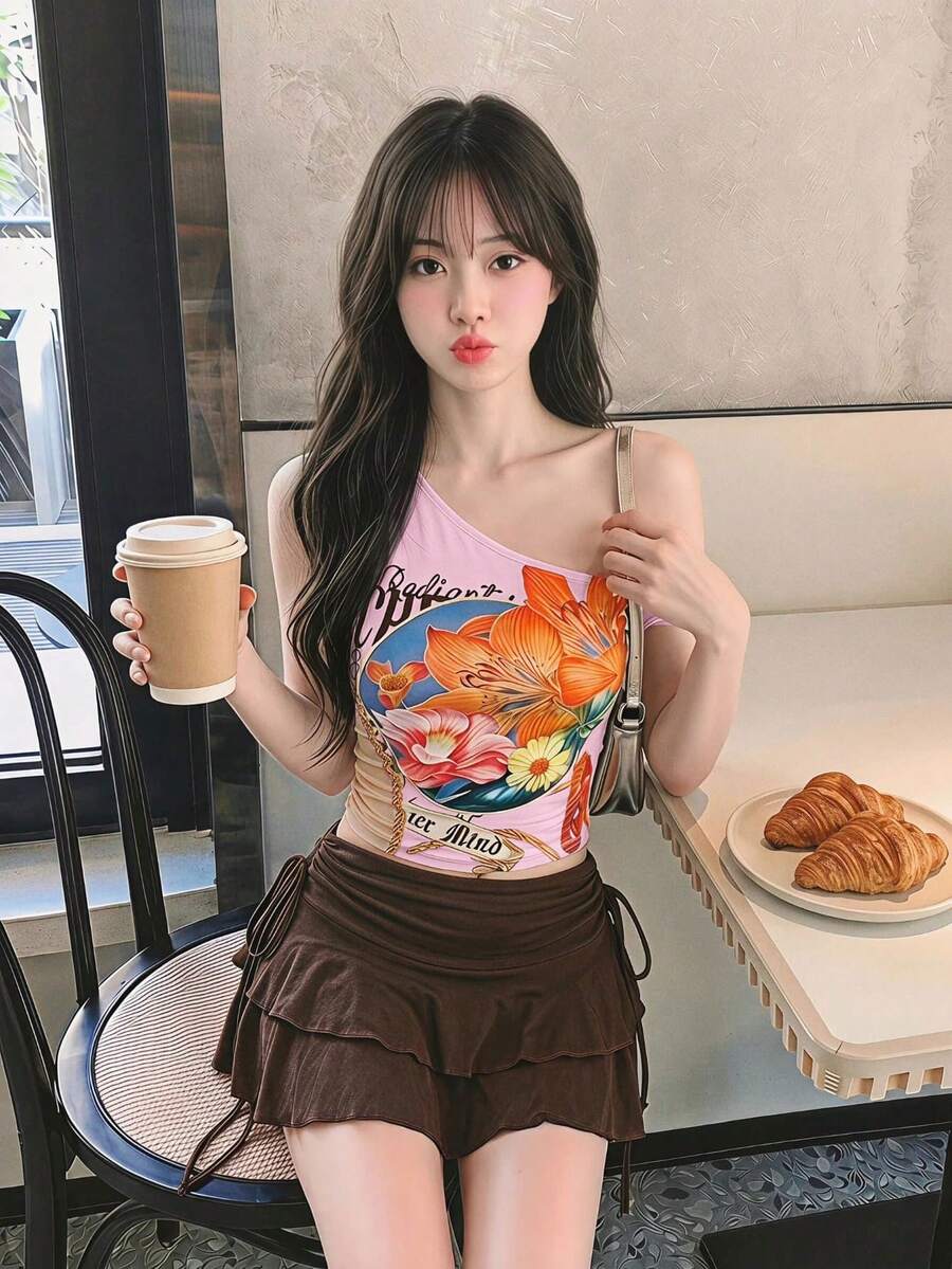 SHEIN MOD 女款單肩字母花卉印花修身百搭日常休閒上衣 - 粉色 - 查看 1