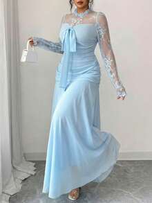 Modelyn French Design Lace Patchwork Bow Women's Long Dress Fall - Blue - View 4