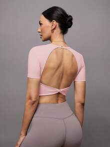 Activina Women's Solid Color Back Cutout Design Short Sleeve Sports T-Shirt - Pink - View 4