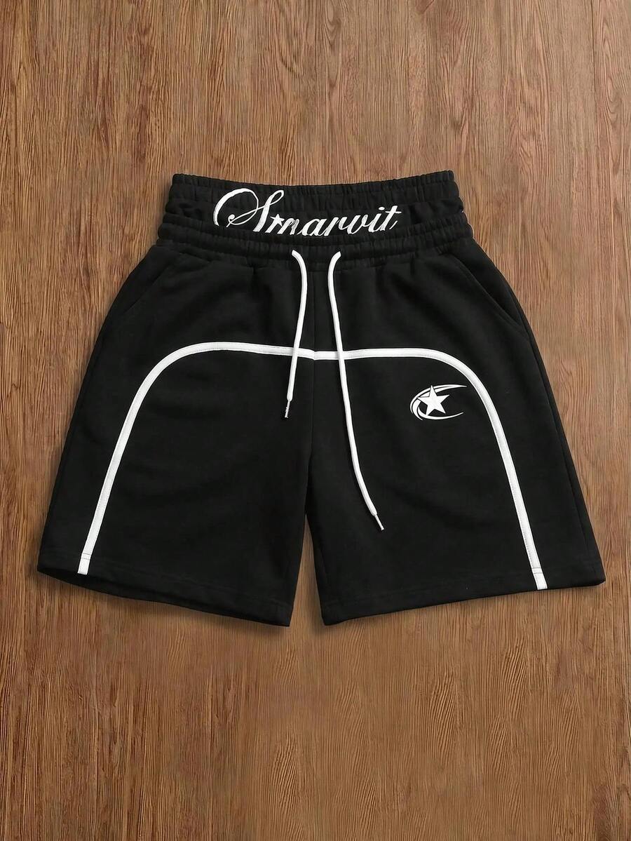 SWAVVY Men's Drawstring Waist Letter Print Casual Versatile Daily Outing Shorts - Black - View 1