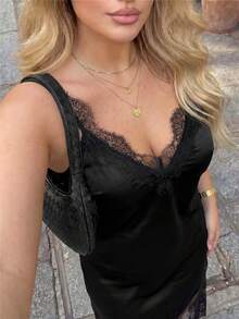 Calvaya Plus Size Sexy Elegant Deep V-Neck Lace Trim, Satin Drape Flowy, Casual Loose Fit, Versatile Daily Wear Women Dress Cocktail Black Summer - Black - View 4