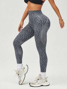 SHEIN Sports 無縫高彈力運動健身瑜珈豹紋網格緊身內搭褲 - 淺灰色 - 查看 6