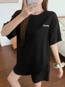 DAZY Damen Kurzarm Top und Shorts Loungewear Set Sommer Pyjama - Schwarz - Übersicht 4