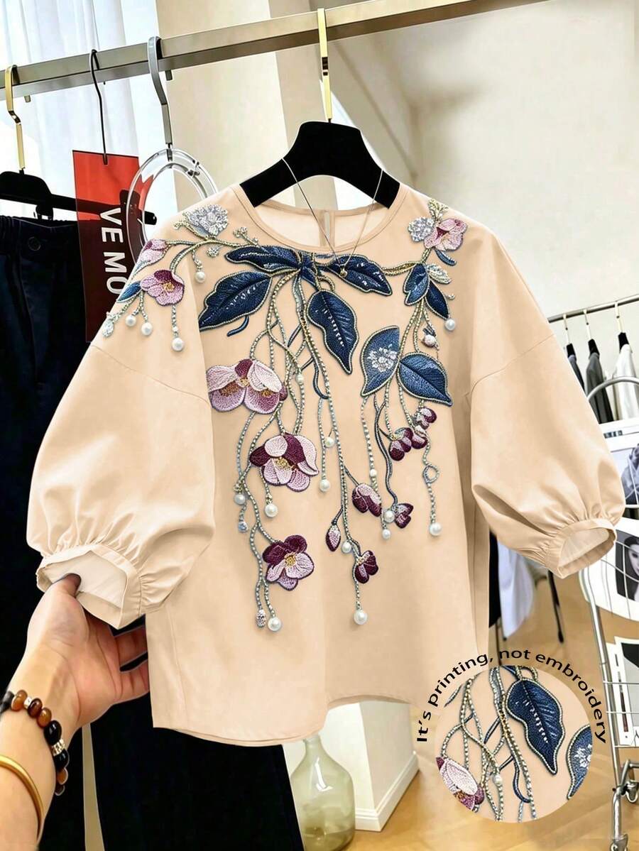 SHEIN Franclia 女款短袖花卉印花米色優雅浪漫度假派對花園襯衫 春夏季 - 杏色 - 查看 1