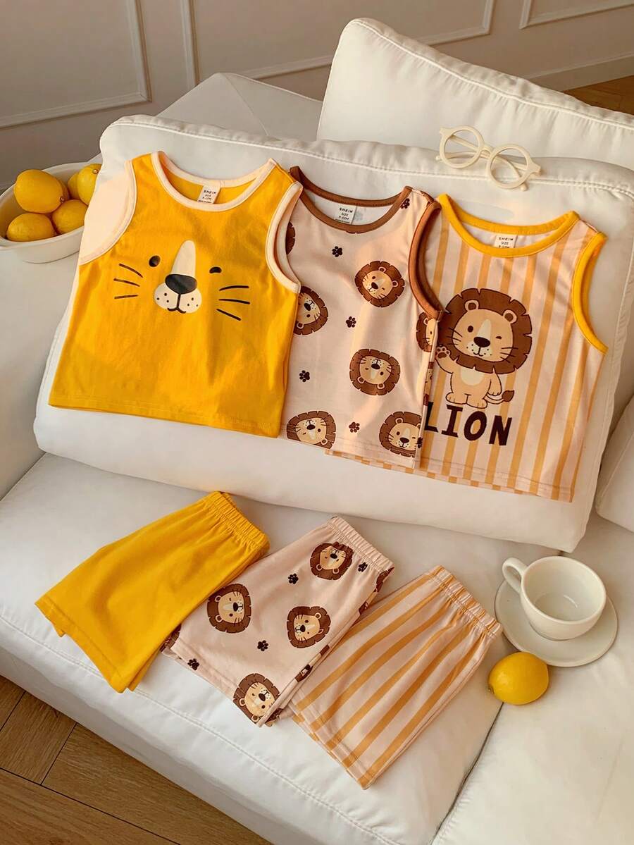 SHEIN 中性嬰兒男童/女童 3 套裝 春/夏休閒可愛獅子圖案背心與短褲套裝 多件裝，嬰兒男童套裝，嬰兒男童夏季衣物，柔軟