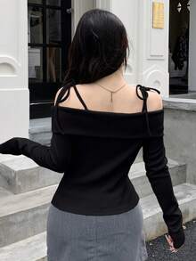 DAZY Women's Off Shoulder Tie Front T-Shirt, Black, Spring/Summer,Fall Clothes Long Sleeve Going Out Tops - Black - View 2