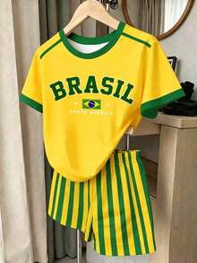 1套青少年女孩休閒舒適時尚運動風巴西 BRASIL 字母印花短袖T恤與條紋短褲套裝，適合夏季運動、世界盃、度假穿搭 - 彩色 - 查看 3