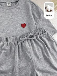 SHEIN 青少年女孩針織素色愛心貼布休閒T恤與短褲兩件套 - 灰色 - 查看 4