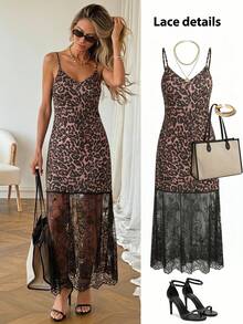 Easowa Damen Sommer Mode Spitze Patchwork Leoparden Muster Midi Kleid - Verschiedenfarbig - Übersicht 1