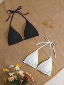 Swim Mod Plus Size Women Solid Color Halter Neck Tie Bikini Top 2pcs Set Suitable For Summer Vacation Beach - Black and White - View 1