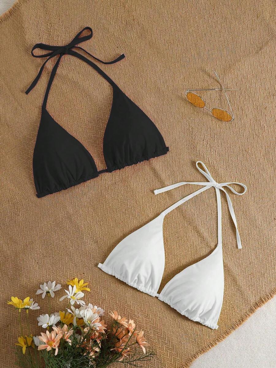 Swim Mod Plus Size Women Solid Color Halter Neck Tie Bikini Top 2pcs Set Suitable For Summer Vacation Beach - Black and White - View 1