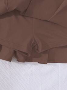 SHEIN Sparklyn 女童百褶高腰裙附內建安全短褲，2合1裙褲，四季百搭，可搭配襯衫、T恤、Polo衫、連帽衫、夾克 - 棕色 - 查看 4
