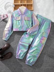 SHEIN 青少年女孩秋季開學時尚拼色套裝，激光機車風夾克配對兩件式套裝 - 彩色 - 查看 1